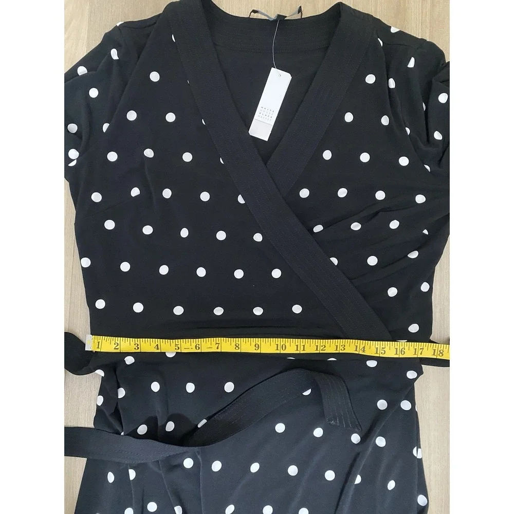 White House Black Market Black Polka Dot Long Sleeve Faux Wrap‎ Dress Size 16